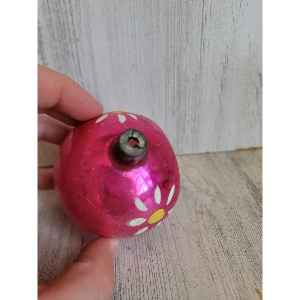 Vintage reflective indent pink daisy flower glass ball ornament Xmas unique